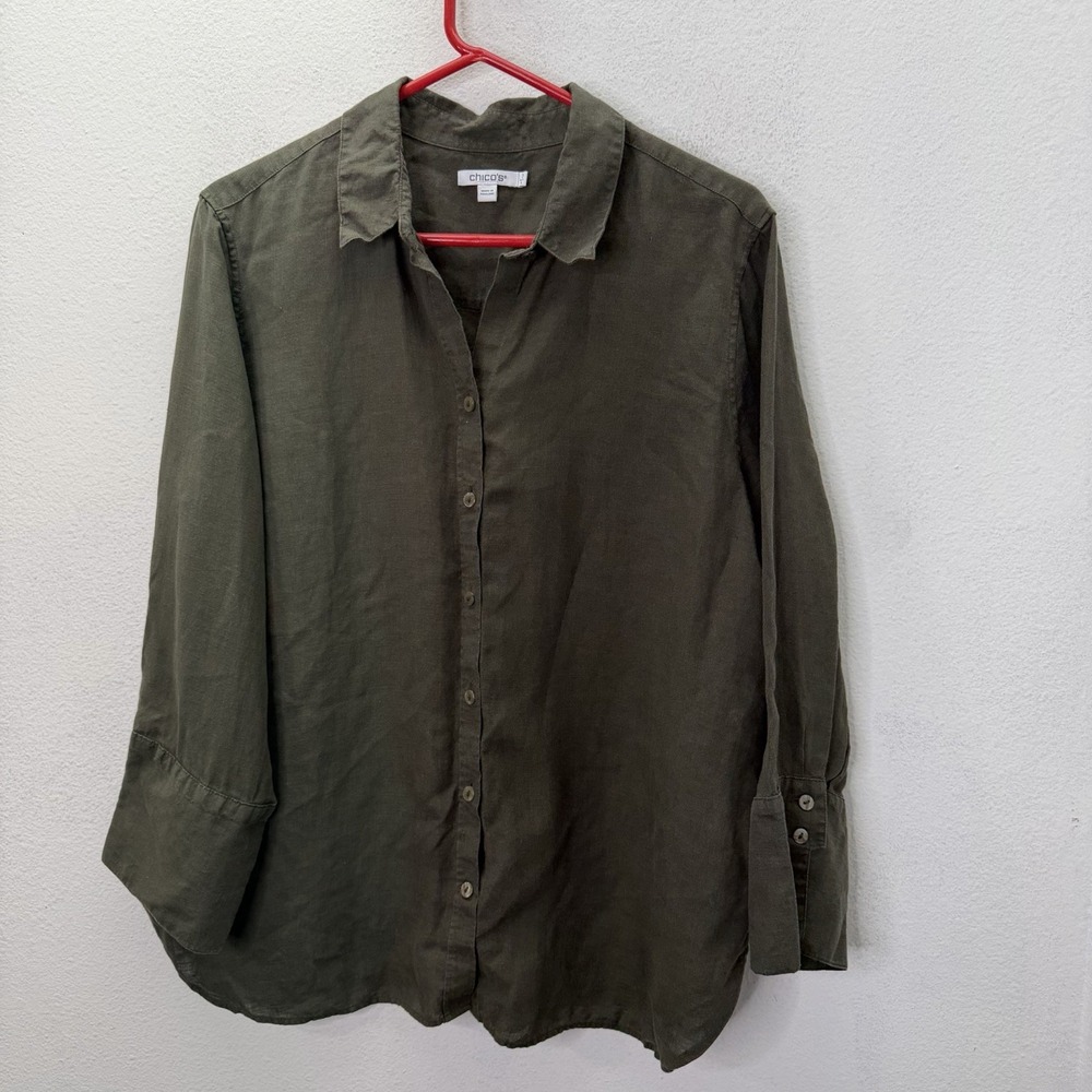 Chico's Green 100% linen relaxed fit button Up long sleeve shirt SZ 3 / XL